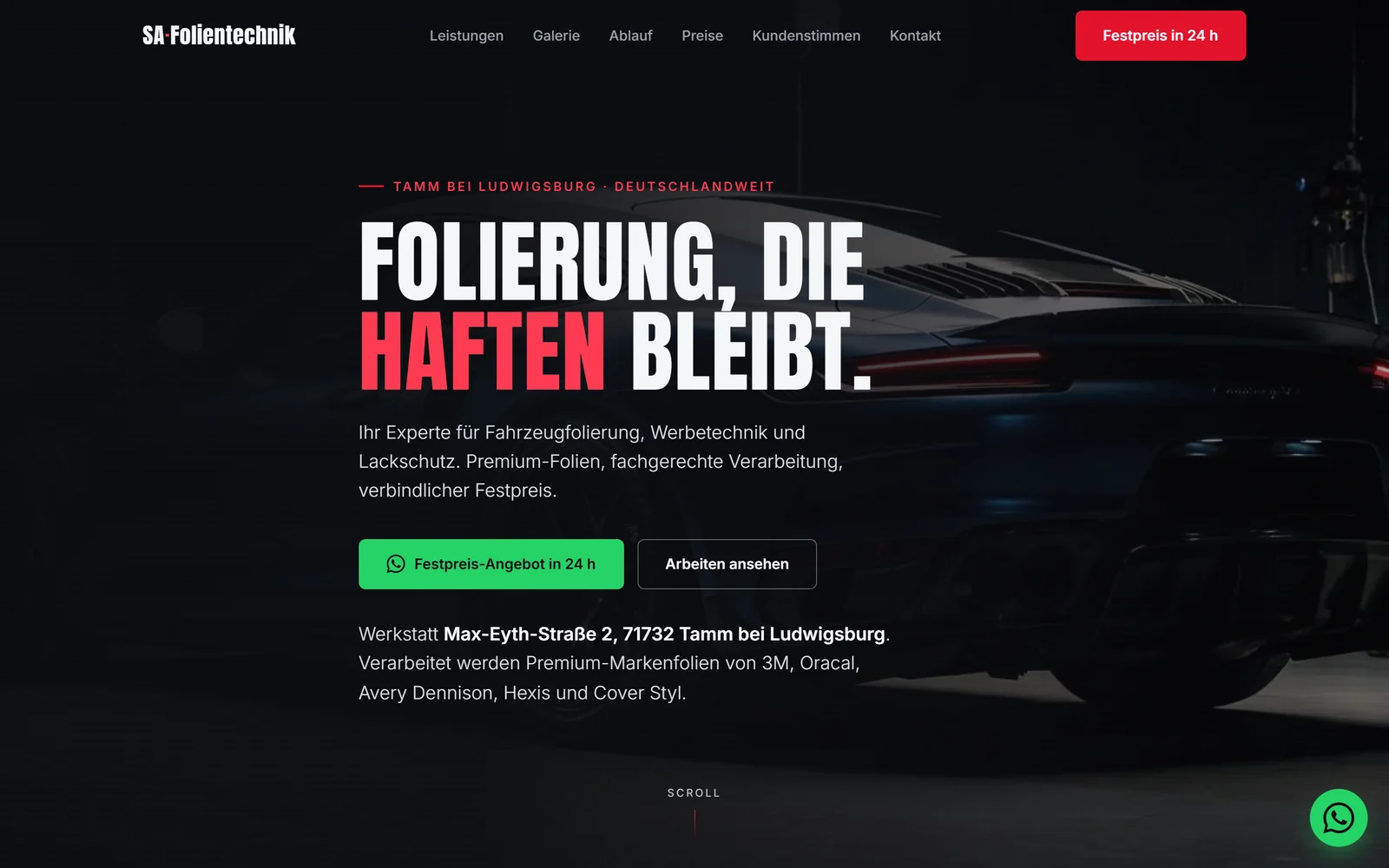 Homepage of sa-folientechnik.de: a dark opening section about vehicle wrapping that lasts