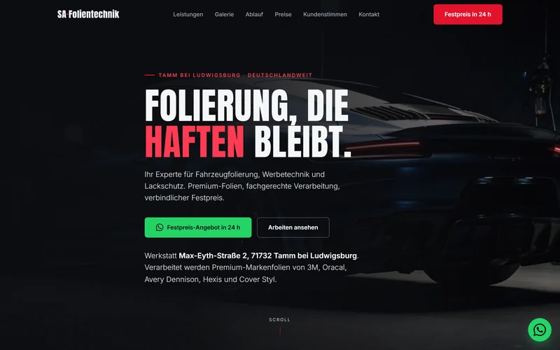 Homepage of sa-folientechnik.de: a dark opening section about vehicle wrapping that lasts