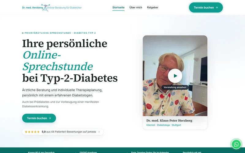 Homepage of diabetologe-online.de with Dr Herzberg in his introduction video and the button for booking an appointment