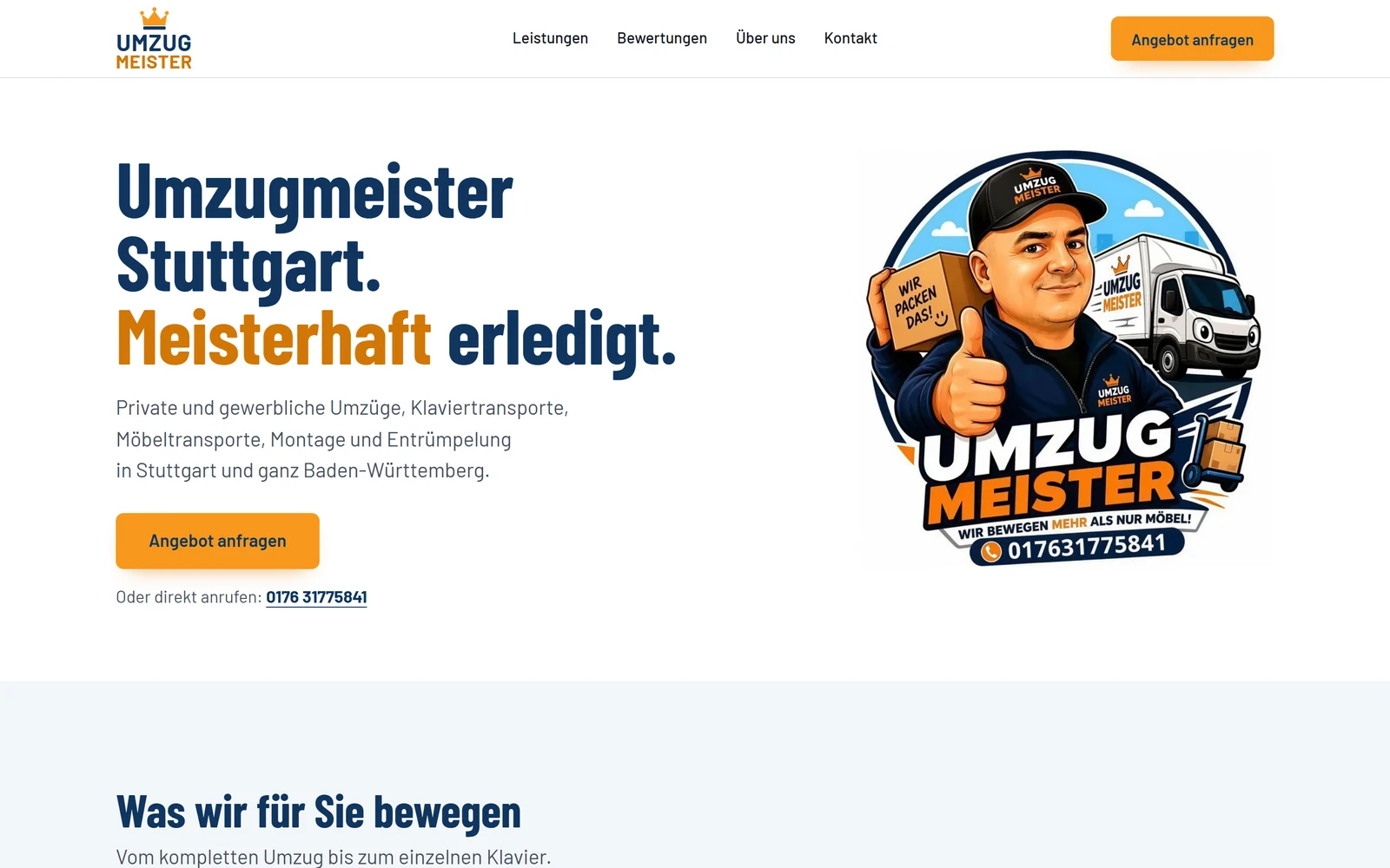 Homepage of umzugmeister-stuttgart.de in blue and orange with the button for requesting a quote