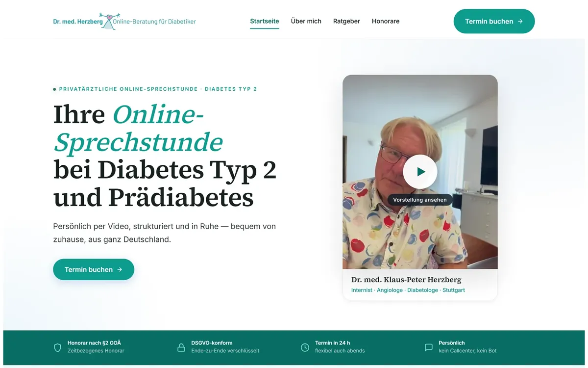 Homepage of Dr Herzberg's online consultations: “Your personal online consultation for type 2 diabetes and prediabetes” (the site is in German)