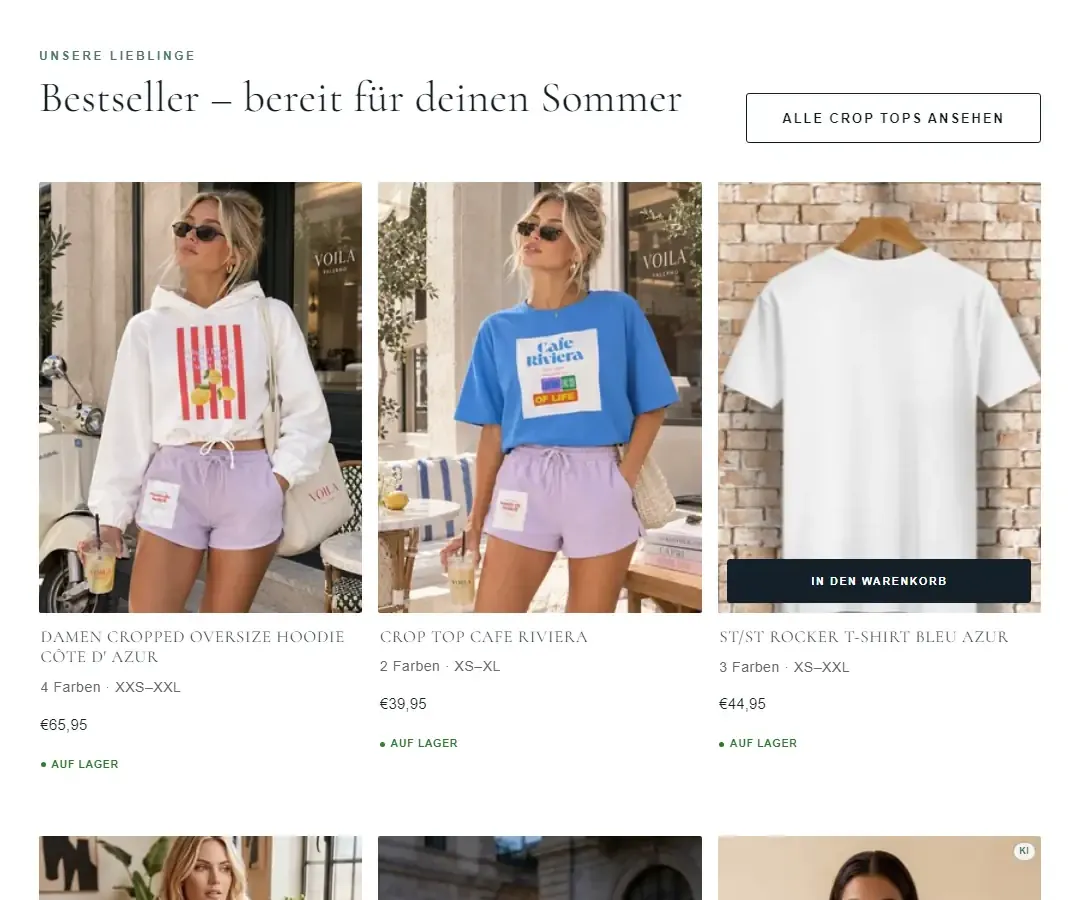 Bestseller section of the Voilà Palermo online shop: crop tops and T-shirts with product image, name and price