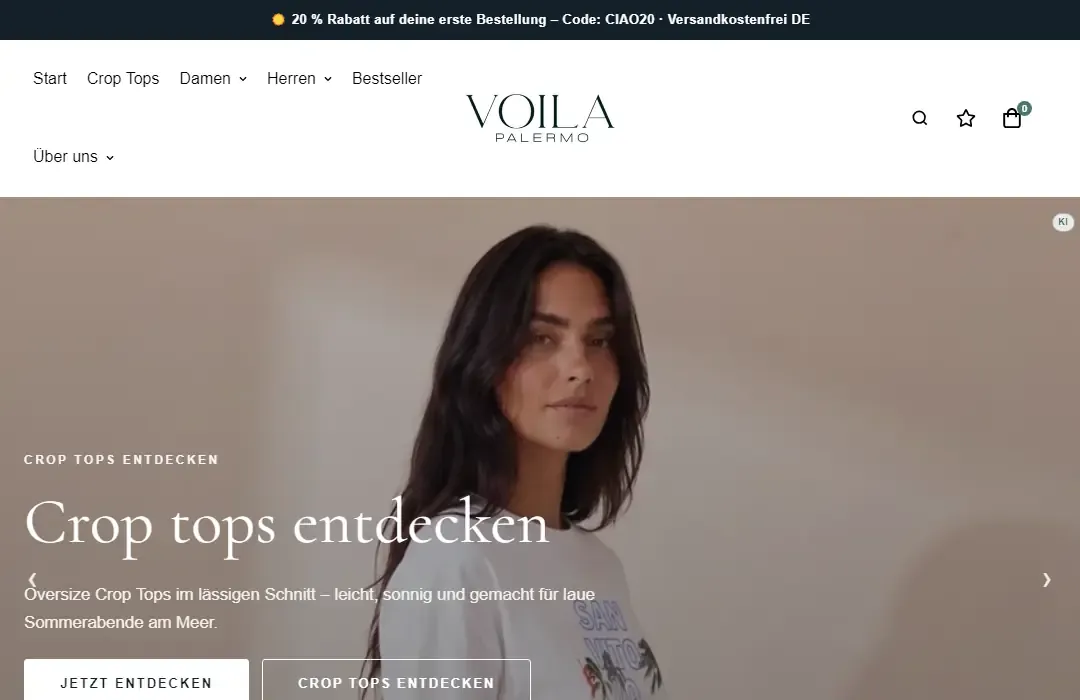 Homepage of the Voilà Palermo online shop: model in a white crop top, headline “Discover crop tops” (the shop is in German)