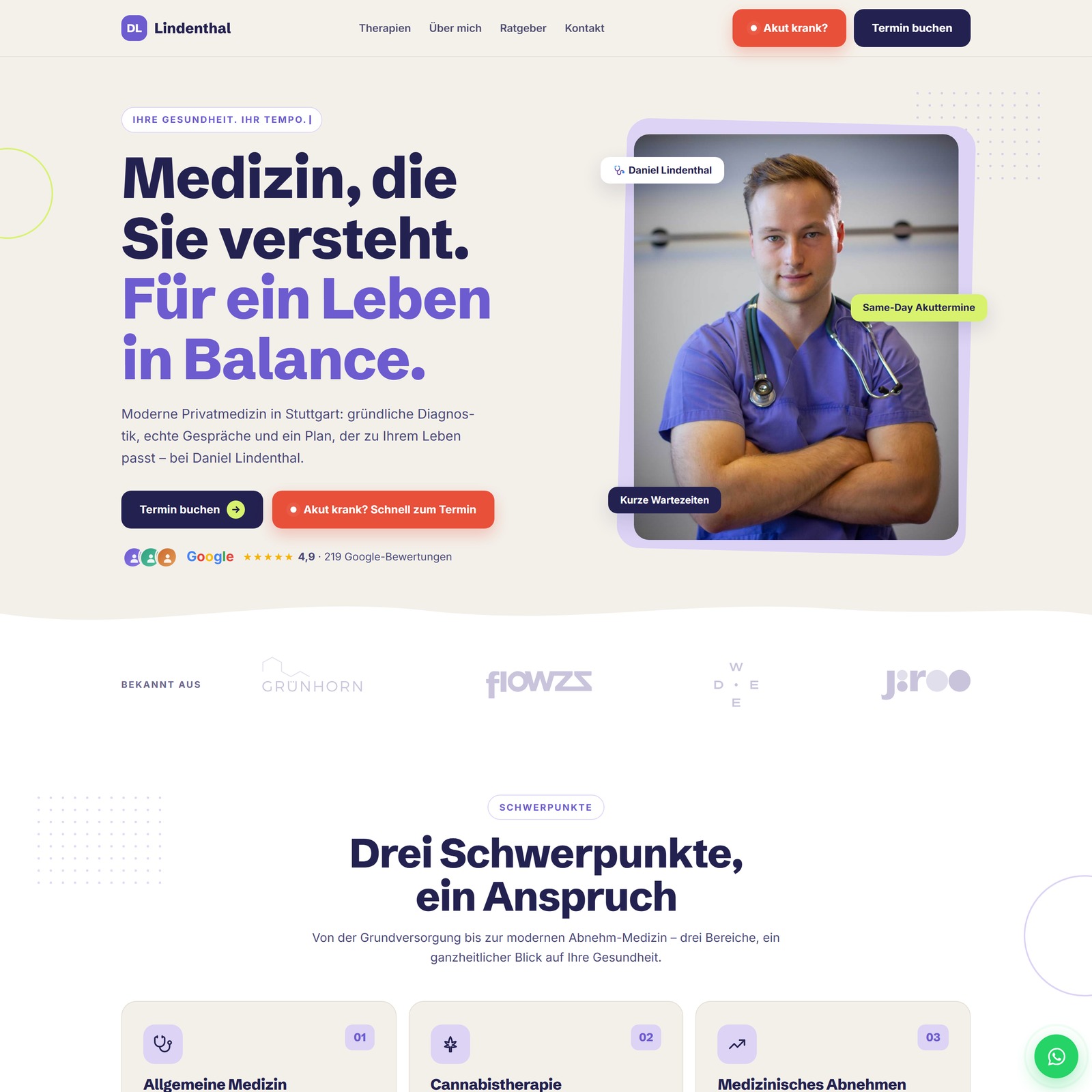 Website of the private practice Lindenthal with its services and booking route