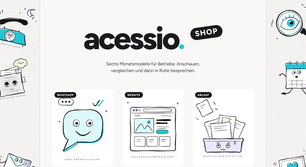 Entry page of the acessio shop with illustrated figures and product cards