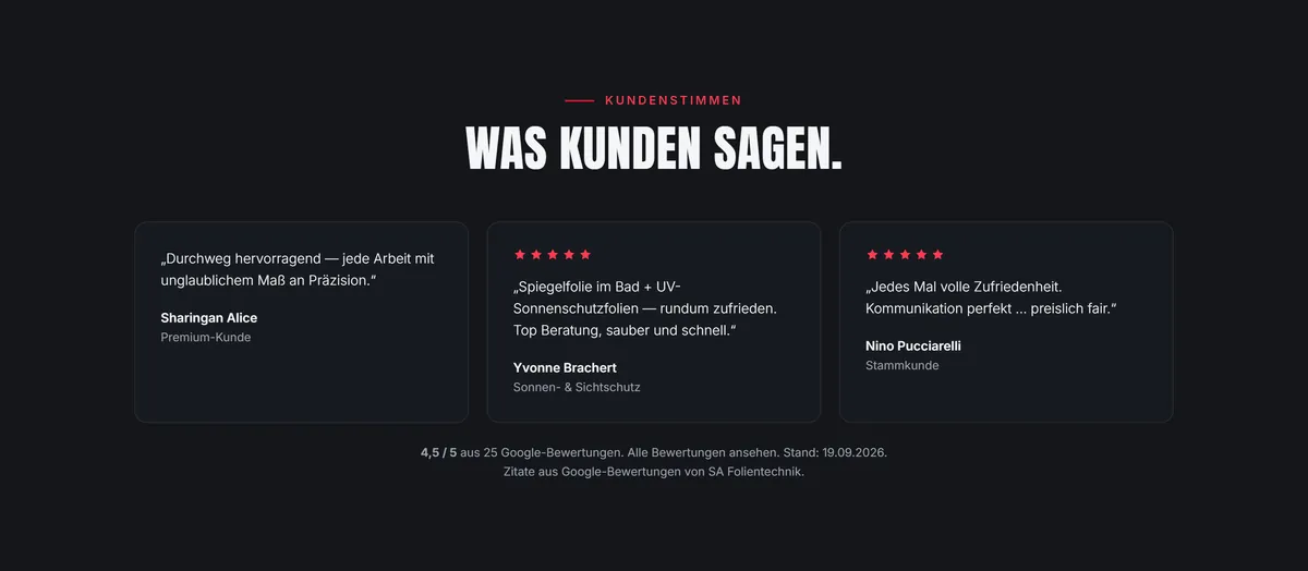 Section “What customers say” with three quotes, two of them with five stars, below the note 4.5 out of 5 from 25 Google reviews with link and date 19 Sep 2026