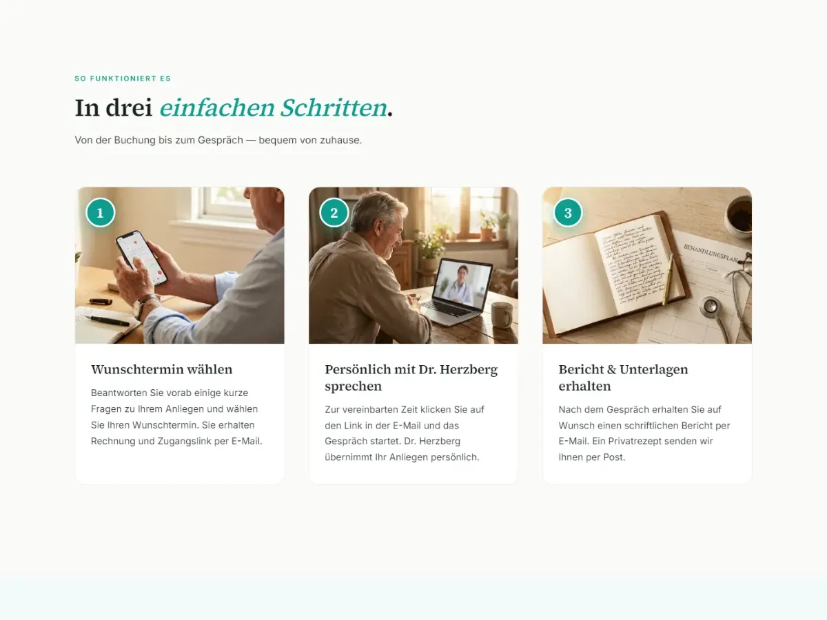 Section “In three simple steps”: choose your preferred appointment, talk to Dr Herzberg in person, receive the report and documents
