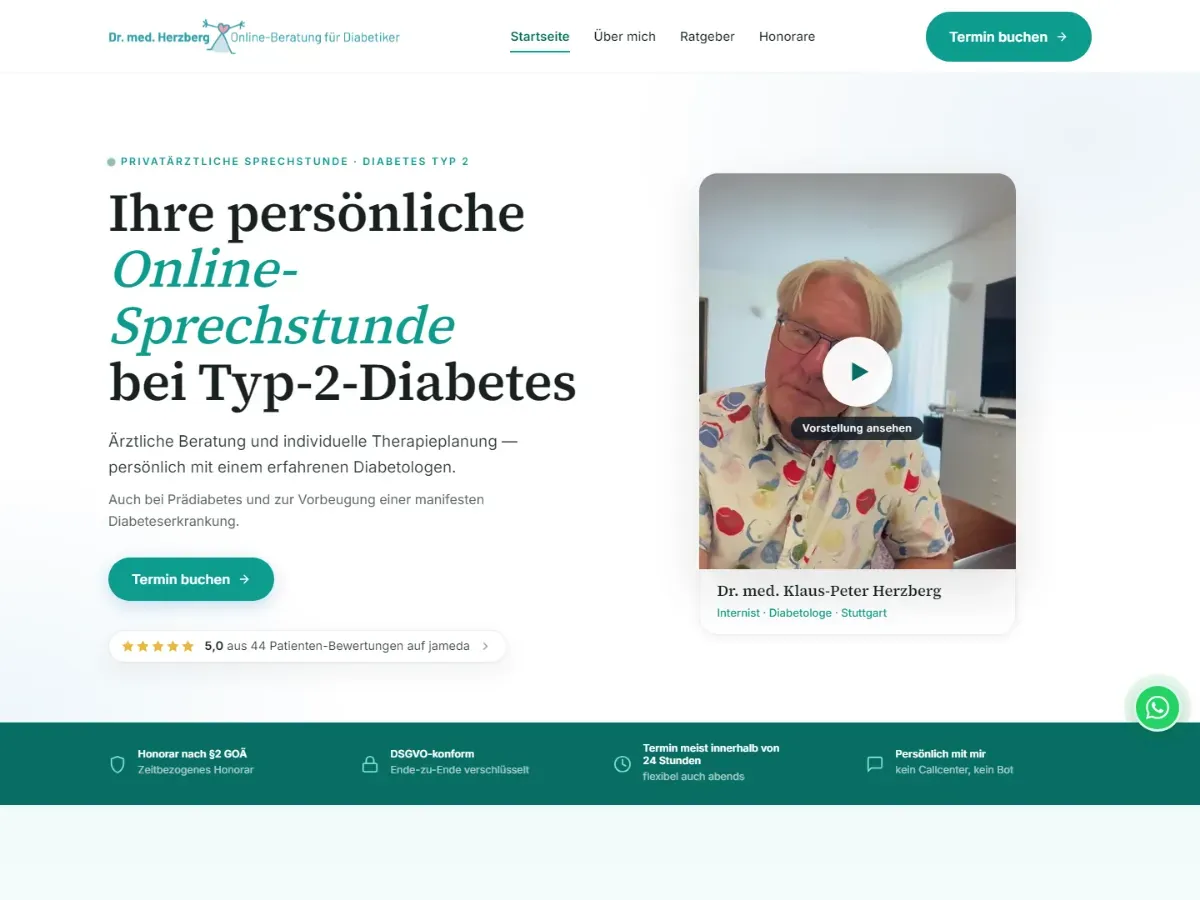 Homepage of diabetologe-online.de: “Your personal online consultation for type 2 diabetes”, next to it an introduction video by Dr Herzberg (the site is in German)