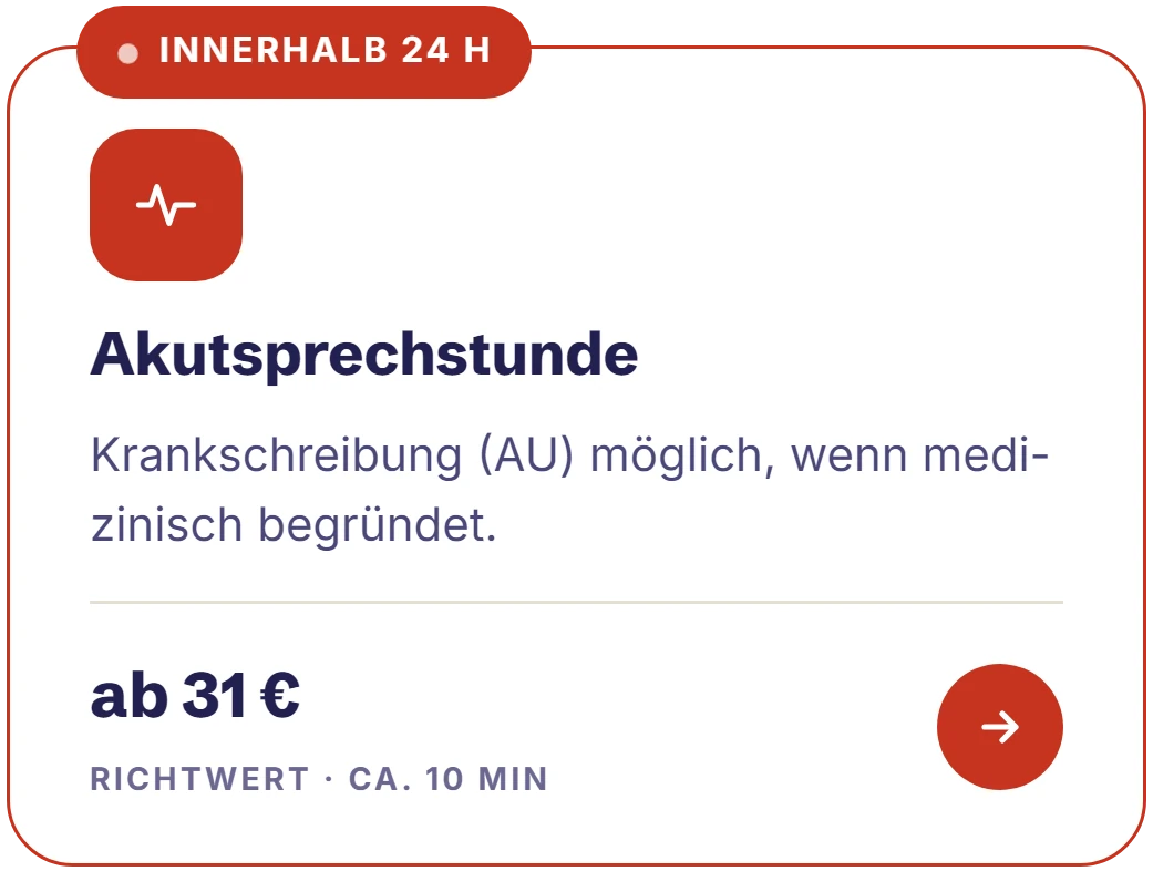 “Same-day appointment” card from the booking window: within 24 hours, sick note possible if medically justified, guide price from €31, about 10 minutes