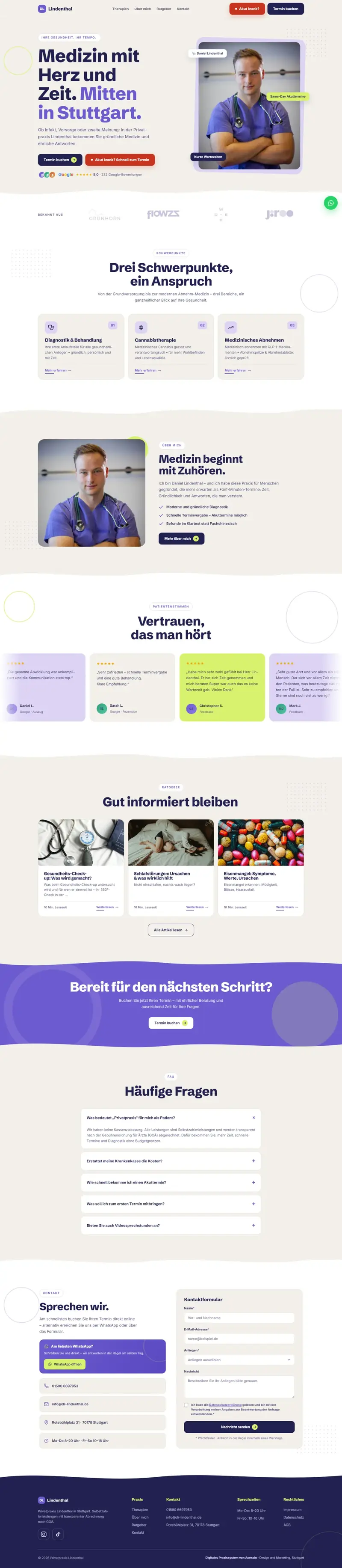 The entire homepage of dr-lindenthal.de from top to bottom: introduction, three focus areas, about, patient voices, articles, FAQ and contact
