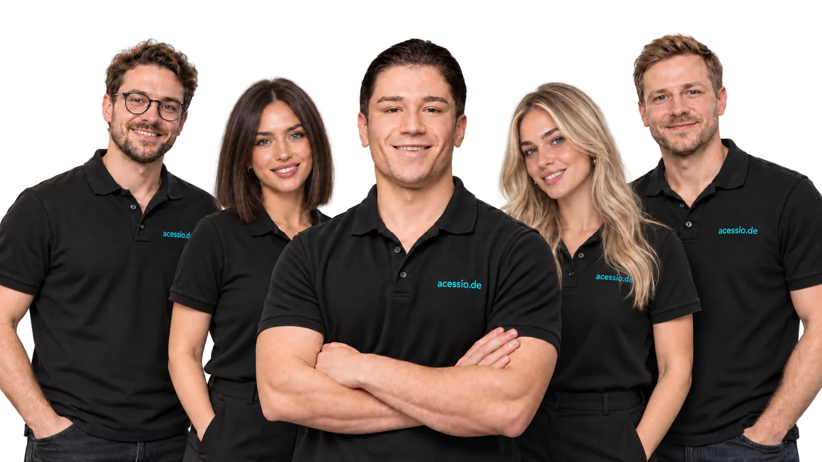 Victor Knapp in an AI-generated group image with four fictional people wearing black acessio.de polo shirts
